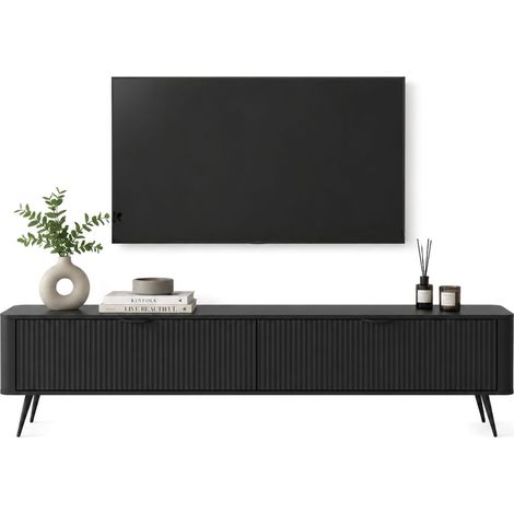 Mobile Porta tv Kala, 2 Ripiani, 2 Ante, Ante Effetto Rigato con Piedini, 200x38x51h cm Nero