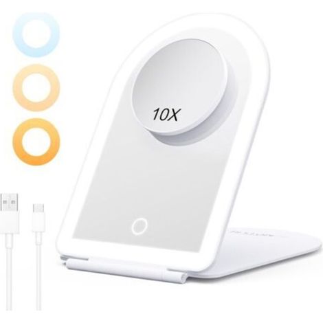 Miroir Maquillage Lumineux Portable avec Grossissant 10X, Miroir à Coiffeuse LED Tactile Réglable - Éclairage 3 Couleurs, USB Rechargeable pour Voyage et Chambre, Blanc (1/5)
