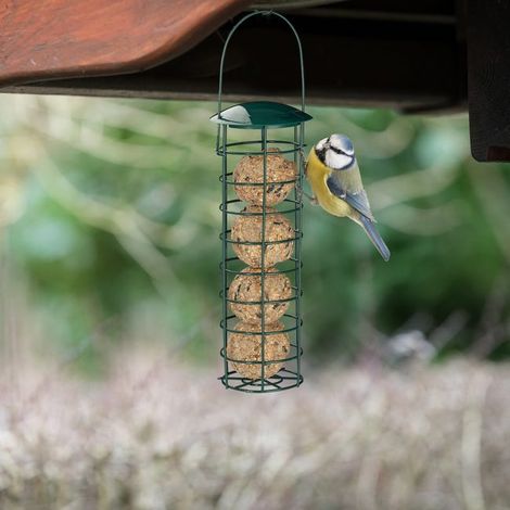 Mangiatoia per uccelli sospesa, set da 9, stazione per cibo per uccelli, con tetto, ferro 31 cm, verde scuro (1/4)