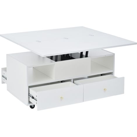 Tavolino da salotto elevabile e pieghevole con 4 cassetti, MDF bianco, 100 x 50 x 47,5 cm, HOMVRA (1/5)