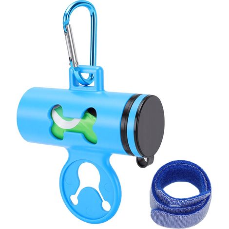 Distributeur de sacs à déjections canines avec clip pour laisse, sacs à déchets, porte-pot portable pour chiot, pour la marche en plein air, la randonnée, boîte poubelle bleu profond + 1 rouleau (1/5)