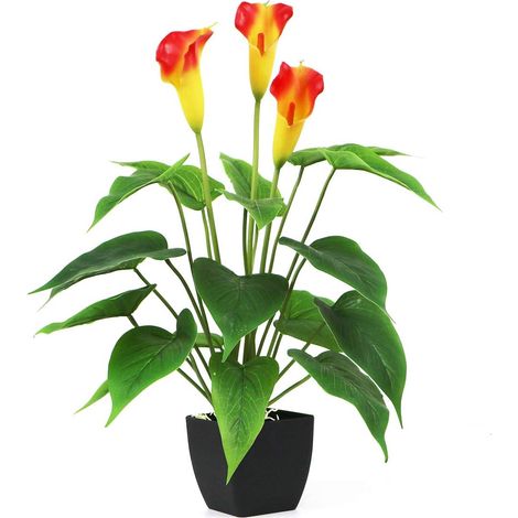 Artificial Plants Flowers, Real Touch Fake Calla Lily Plant Greenery Shrubs Silk Flower for Wedding Bridle Bouquet Indoor Outdoor Home Kitchen Office Table Decor (Orange, 1Pcs/Black Pot)