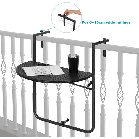 Woltu – Table de balcon suspendue rabattable – 3 hauteurs réglables 74-84.5cm – Plateau en PE résistant aux rayures – 2 porte-gobelets pratiques