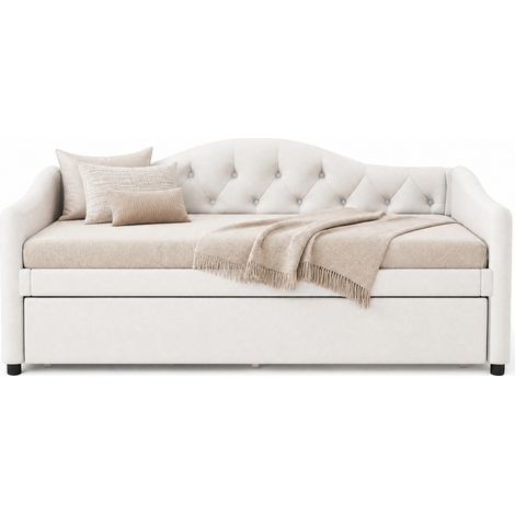 CHICFURN Lit banquette convertible 90x200 cm avec lit gigogne, tissu beige et MDF, style minimaliste, couchage d'appoint pour petit espace, sans matelas (1/5)