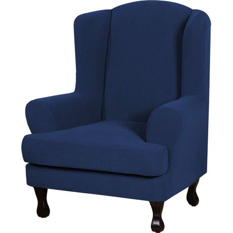 2 pièces housse de canapé/fauteuil à oreilles, extensible en spandex lycra jacquard, lavable en machine, couleur marine