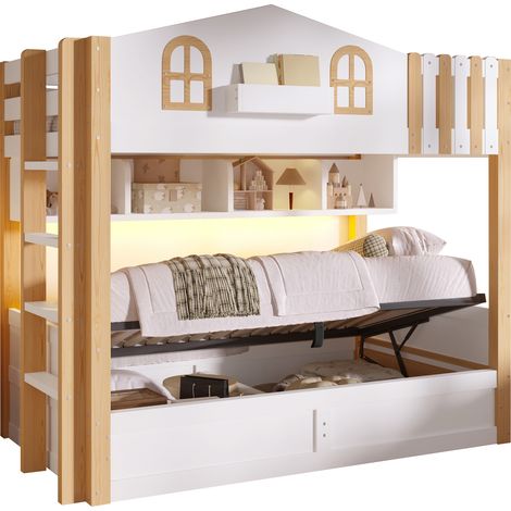 Litera infantil 90x200 cm con diseño casita, almacenaje hidráulico, LED, estantes abiertos y escalera reversible, en madera clara y blanco  CHICFURN (1/5)