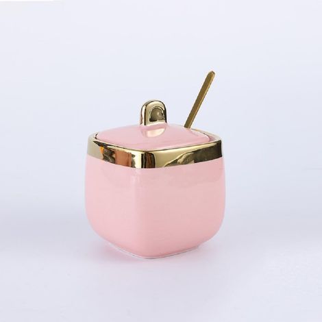 Ensemble de pots à épices en céramique JeiibrZui - 8 x 8 cm - 1 pièce avec cuillère et couvercle - Rose - Sucrier hermétique pour la cuisine, le café et la salle à manger (1/5)