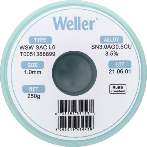 Étain à souder sans plomb Sn3,0Ag0,5Cu 1 mm Weller WSW SAC L0 bobine 250 g (1/5)