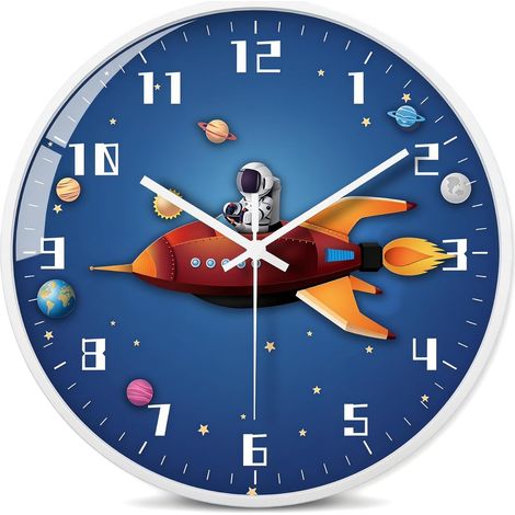 Horloge murale enfant sur le thème de l'espace, mouvement à quartz silencieux, grands chiffres faciles à lire, design fusée astronaute, couvercle en verre HD, cadre en ABS pour chambre/bureau/salon (B (1/5)