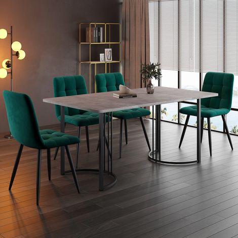 Table à manger 140 x 80 cm avec 4 chaises, set moderne, plateau mdf gris, pieds en métal noir, chaises en velours vert foncé (1/5)