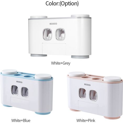 Organizador de cepillos de dientes de pared con dispensadores de pasta de dientes, 5 compartimentos y 4 vasos, estante de almacenamiento para baño fabricado en ABS/PS/PP, gris/azul/rosa (1/4)