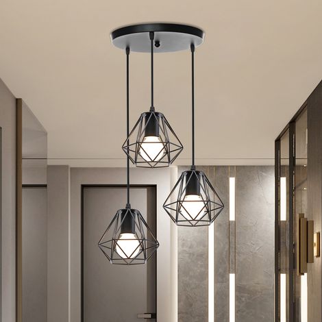 Lampada a Sospensione, Plafoniera con Ø16cm Mini Diamante Gabbia, E27 Attacco, Illuminazione per Soggiorno Sala da Pranzo Camera da Letto Nero - 3 Luci con Base Rotonda (1/5)