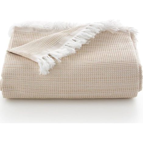 Bardusch-Plaid multifonction pour lit et canapé. Plaid - Couvre-lit en coton doux et respirant nid d'abeille - 130180 cm, beige (1/5)