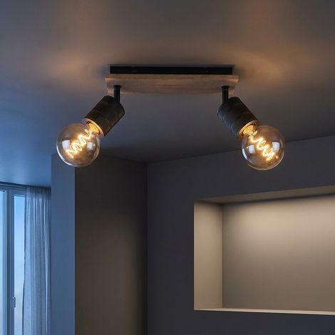 Spotleuchte Wohnzimmerlampe Deckenleuchte 2 flammig Spots beweglich Holzoptik, Metall schwarz, 2x E27 Fassungen, LxBxH 31x10x18 cm