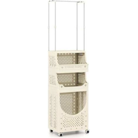 Chariot à linge pliable 4 niveaux avec barre de suspension, 8 crochets et roulettes, pour buanderie ou salle de bain (1/5)