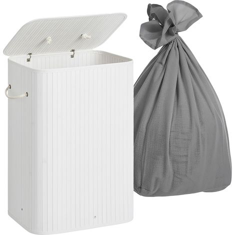 Panier à linge 2 compartiments avec couvercle, bambou, 105 L, pliable, 63x52x32 cm, blanc (1/5)