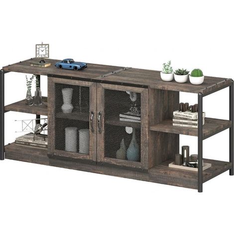 Meuble TV industriel style ferme – Buffet bas pour téléviseur 65/75 pouces – Portes grillagées, rangements spacieux – Chêne foncé ancien – 1,6 m Dark Antique Oak (1/5)