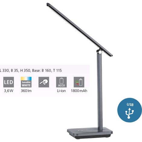 EGLO Iniesta - Lampada da tavolo a LED, ricarica USB, dimmerabile con funzione touch, per comodino, scrivania, ufficio, plastica in bianco e grigio, colore luce bianco caldo, bianco freddo (1/5)