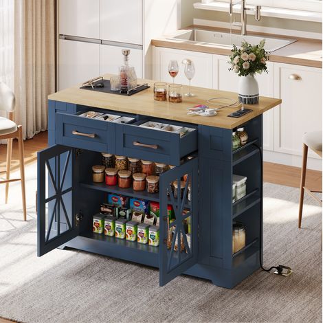 Îlot de cuisine mobile 120 cm avec table rabattable, prises AC/USB, bleu OKMYHOME (1/5)
