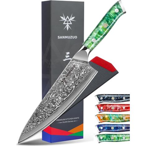 Damascus Chef Knife - 20 cm Blade - Japanese Damascus Steel 67 Layers Kitchen Knife - Resin Handle (Jade Green) - Xuan Series (1/5)