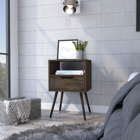 Chevet Otom en mélamine avec 1 étagère et 1 tiroir avec rails métalliques, marron, 63 cm X 40 cm X 35 cm (1/5)