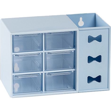 Étagère de bureau 6 tiroirs anti-poussière pour stylos, organisation de fournitures de bureau pour étudiants et professionnels, bleue (1/5)