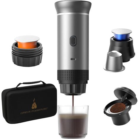 Machine à Café Espresso Portable 15 Bars,Cafetière Électrique Sans Fil avec USB Rechargeable,Compatible Capsules/Café Moulu pour Voyage, Camping, Bureau (avec sac) (1/5)