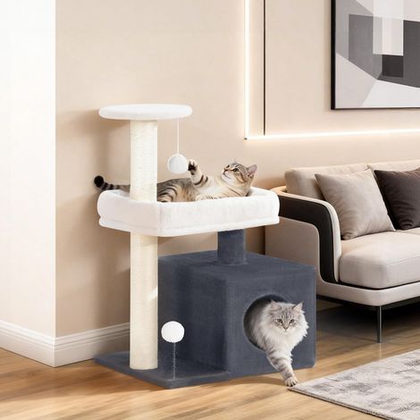 Arbre à Chat, Tour pour Chat 75 cm, Tour à Plusieurs Niveaux avec 2 Poteaux à Griffer en Sisal, Niche Confortable, Plate-Forme de Repos, Perchoir d'Observation, Pompons, Gris Foncé et Blanc