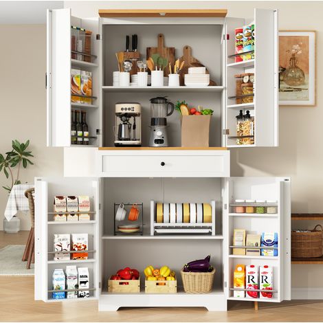 Hochschrank aus MDF in Weiß mit Holzoptik, 80 x 40 x 180 cm, mit offenen Regalen, Schubladen und Anti-Kipp-Sicherung (1/5)
