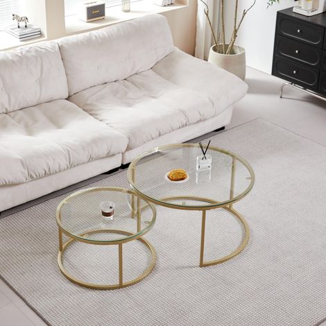 Lot de 2 Tables Basses empilables, Rondes, Plateau en Verre trempé, Pieds en métal doré, Convient pour Salon, Salle à Manger, café (diamètre 80 x 45 cm, diamètre 60 x 35 cm) (1/5)