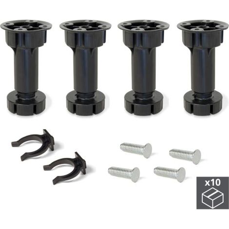 Emuca Lote de 10 kits de pies niveladores para mueble Bone, con base premontada, altura 120mm, regulable 118-135mm, Plástico, Negro -