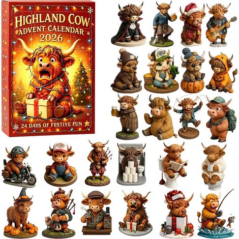 Calendrier De L Avent Animal 2026,Figurines 3D,Ornements Vache Highlands (B) (1/5)