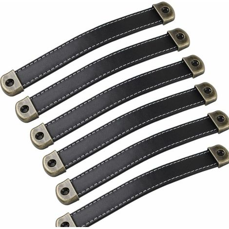 Set di 6 maniglie in pelle Maniglie per mobili in pelle vintage - Maniglie per mobili Maniglie in pelle Maniglie per mobili da cucina nere Distanza dal centro 160 mm Nero Distanza fori 160 mm