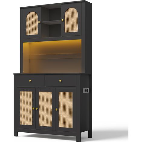 Credenza cucina alta in MDF nero con porte in rattan, LED RGB, presa e 2 cassetti 100 x 40 x 180 cm (1/5)