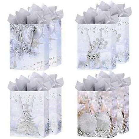 Lot de 8 grands sacs cadeaux de Noël - Sacs cadeaux en papier de 32 cm avec papier de soie - 4 sacs à friandises de Noël à motifs pailletés assortis pour les cadeaux et les fêtes de fin d'année
