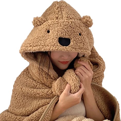 Couverture d'hiver à capuche, épaisse, douce et chaude, en peluche, pour enfants et adultes, marron, 120 x 123 cm (1/5)