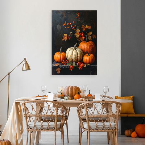 Wandbild Herbstkomposition mit Kürbissen Dekoration in warmen Farben auf dunklem Hintergrund 40x60 (1/4)