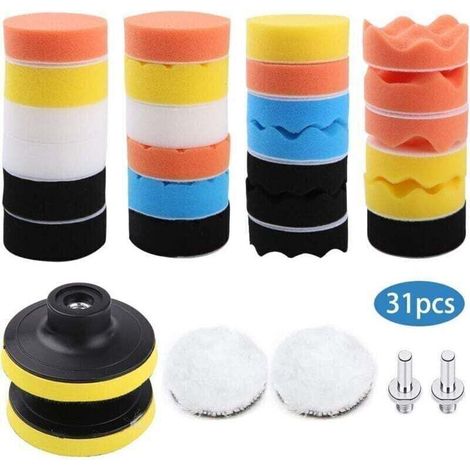 Tampon de Polissage,31 Kit de Polissage,lustrage,éponge Polissage,Laine De Polissage Cirage,avec Adaptateur M10,pour polisseuse de Voiture (1/4)
