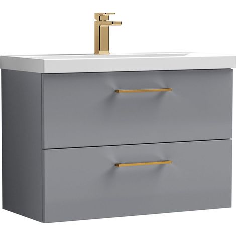 Balterley 800mm Wall Hung Bathroom 2 Drawer Vanity Unit and 1 Tap Hole Ceramic Basin, Satin Grey with Brushed Bronze Handles