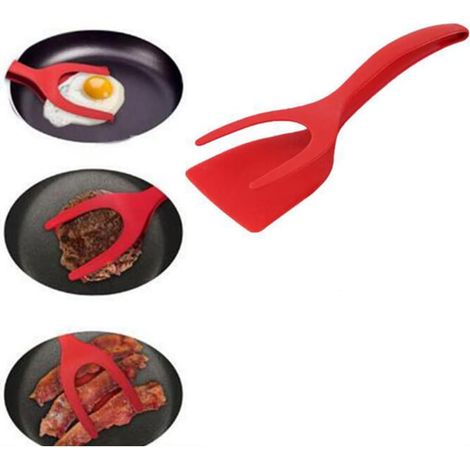 2-in-1 Multifunktionale Küchenzange, Omelettspatel, Kochlöffel zum Zerkleinern von Pizzateig, Grillzange, Antihaftbeschichtung (Rot)