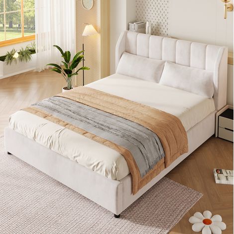 Letto matrimoniale 140x200 cm imbottito con testiera a motivi verticali, rete a doghe, velluto beige (1/5)