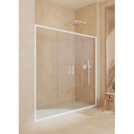 Mampara de ducha frontal 2 correderas + 2 fijos, con perfil inferior, Vidrio de seguridad 6mm antical, 149 a 153cm x 195cm alto, Blanco mate (1/5)