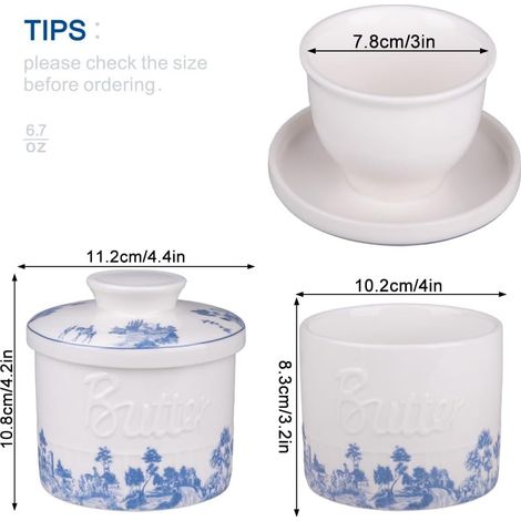 Keramik-Butterdose, 250-g-Porzellan-Butterdose mit Wasserlinie zum Verstreichen frischer Butter, mit Wasser gefüllte Butterdose mit Deckel zur Frischhaltung der Butter, Butterfass mit Kühlfunktion