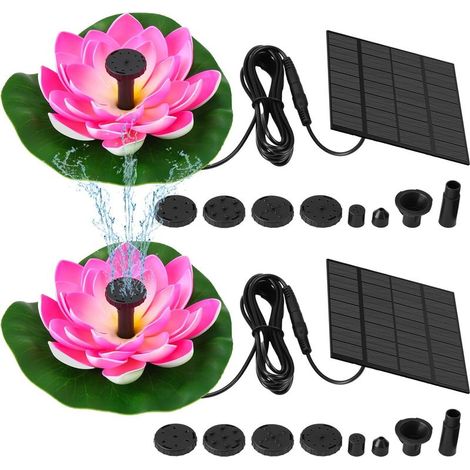 Lot de 2 fontaines solaires nénuphar, fontaine flottante solaire en forme de bain d'oiseaux avec 6 buses, décoration de jardin pour bassin, terrasse ou cour extérieure. (1/5)