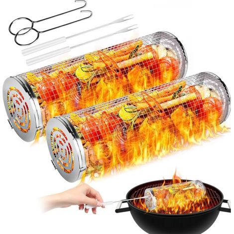 Panier de gril en acier inoxydable, panier de gril roulant, panier de gril cylindrique, accessoires de gril 2 pièces panier en fil de fer pour steak de viande de légumes,de DEBUNS (1/5)