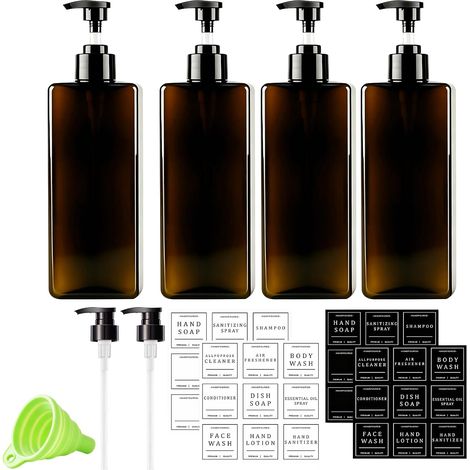 4 Distributeur Savon, 500 ML Flacon Pompe Vide avec 6 Réutilisable, 36 étiquettes imperméables, 1 Entonnoir Flacons Pompe Bouteilles Vide Plastique, pour Savons, Détergents(Brun) (1/5)