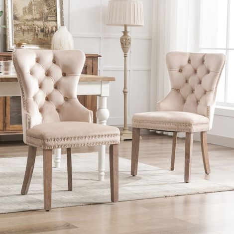 Set di 2 sedie da pranzo - con decorazione borchiata - struttura in legno massello - velluto - sedia da pranzo moderna imbottita – Beige