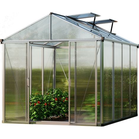 GFP Gewächshaus TITAN 22 aus Alu 222x294 cm, starke 10 mm Doppelstegplatten mit Zusatzfenstern, automatischen Fensteröffnern, Klapptisch