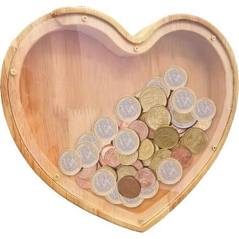 Tirelires Bois, Personnalisé Tirelires, Enfants, pour Chambre, Salon, Décoration Table ou Rangement (Forme de Coeur) (1/5)