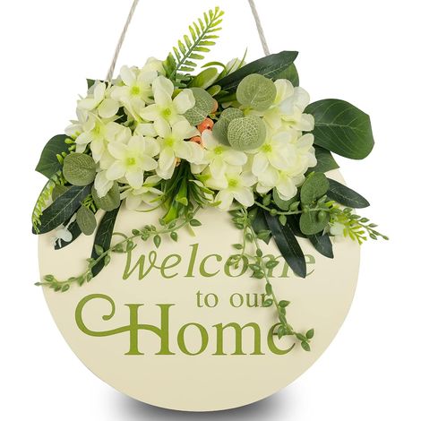 Panneau bienvenue bois décoration murale salon fleurs artificielles vert menthe 30x8 cm cottage campagne (1/5)
